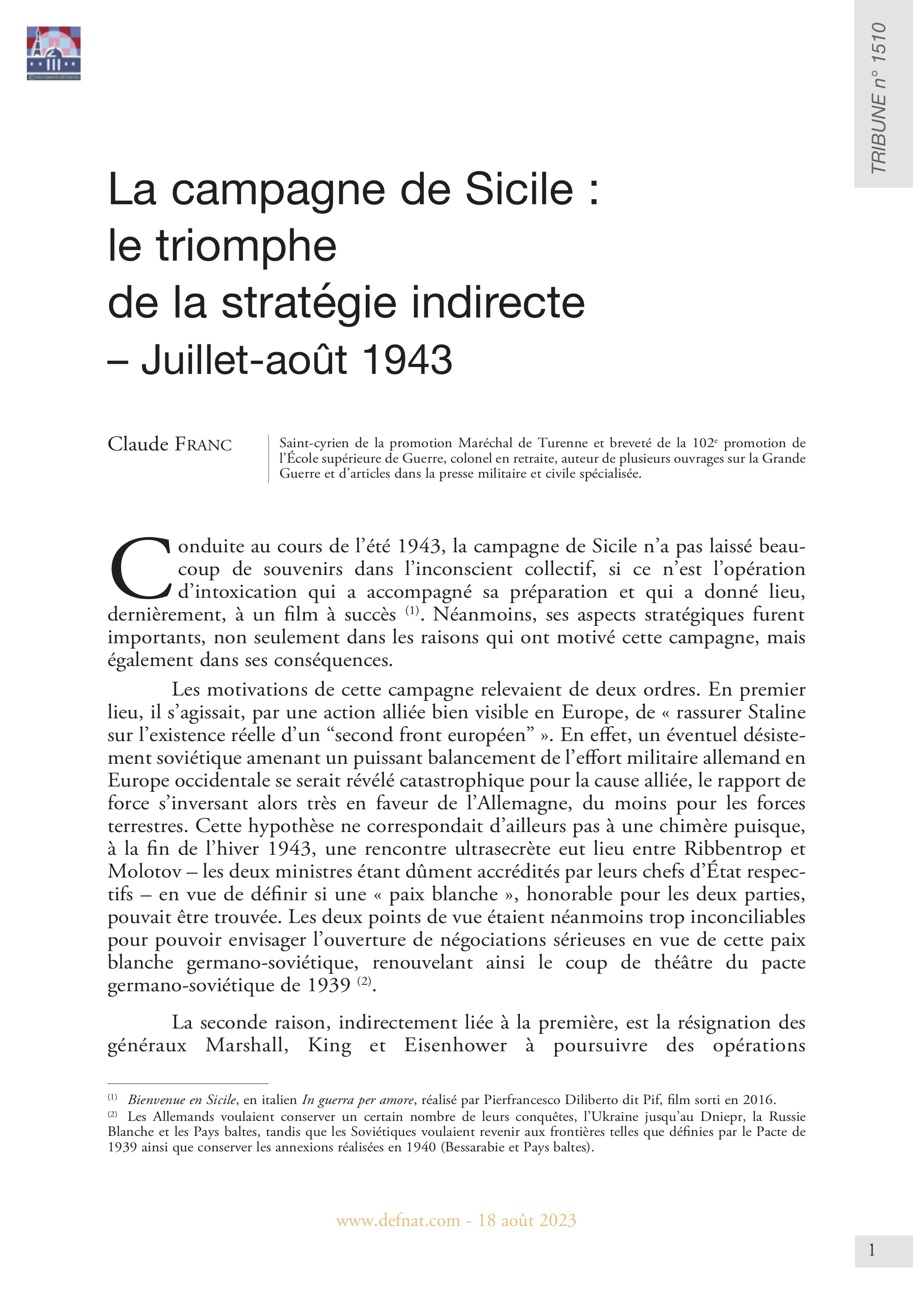 La campagne de Sicile : le triomphe de la stratégie indirecte – Juillet-août 1943 (T 1510)
